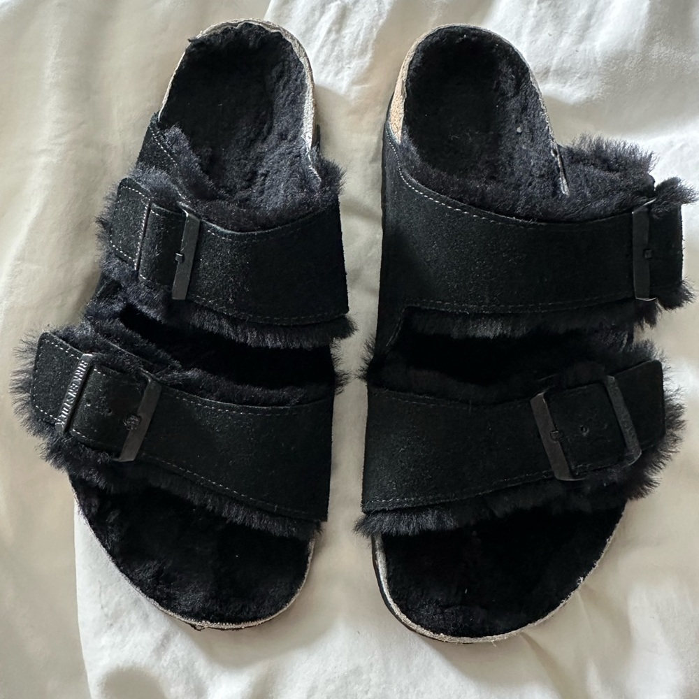 Black fur lined Birkenstocks
